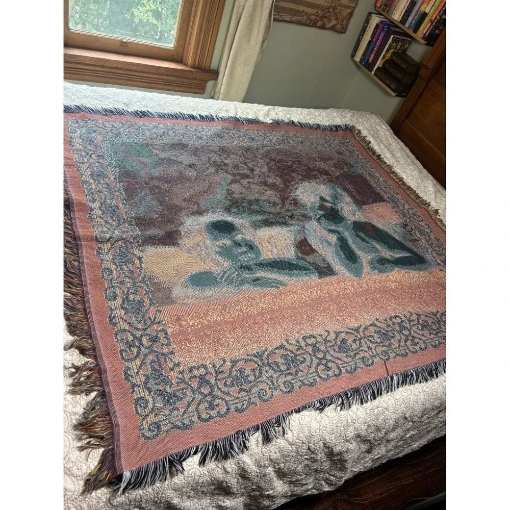 Vintage Raphael Cherub Woven Tapestry Throw Blanket Multicolor Fringed EUC